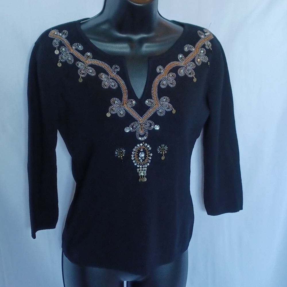 Joseph A. Black 3/4 sleeve embroidered and Beaded Top V-Neckline. Size M